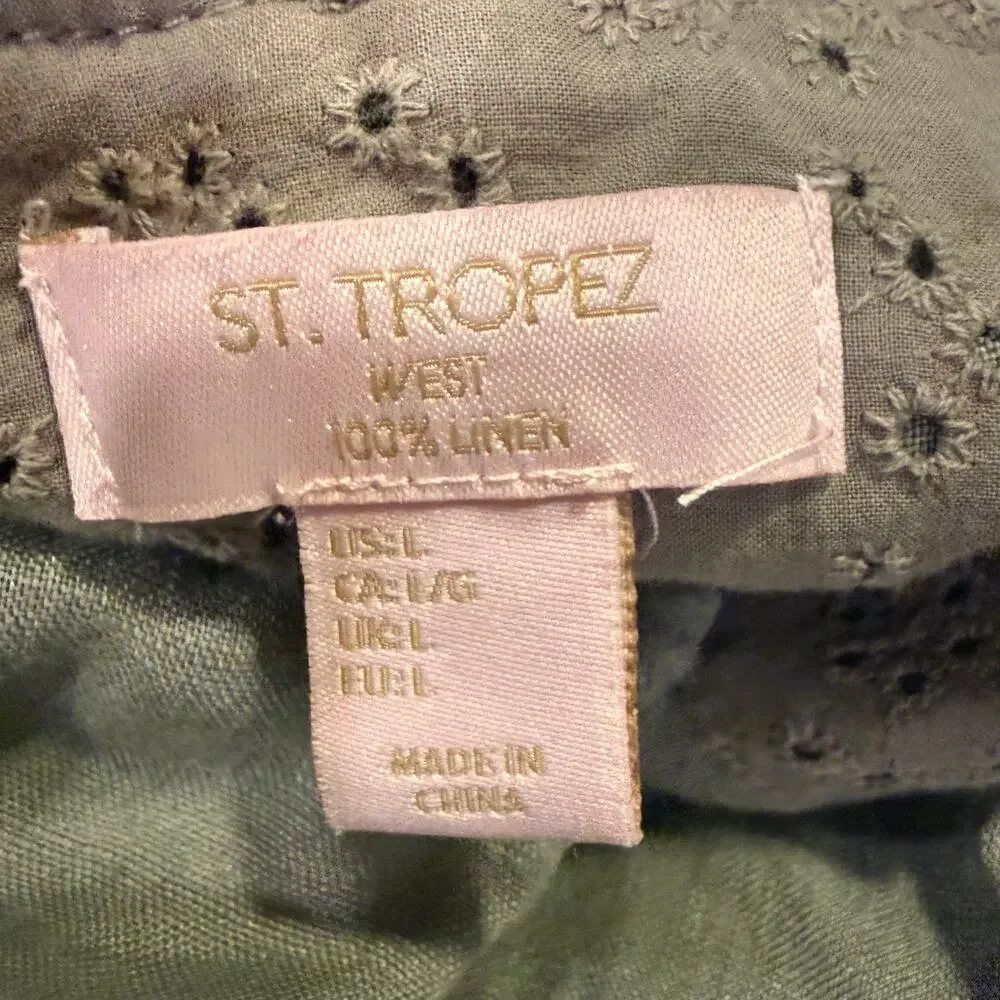 St Tropez West Olive Green 100% Linen Utility Jacket Large Coastal Safari Chic